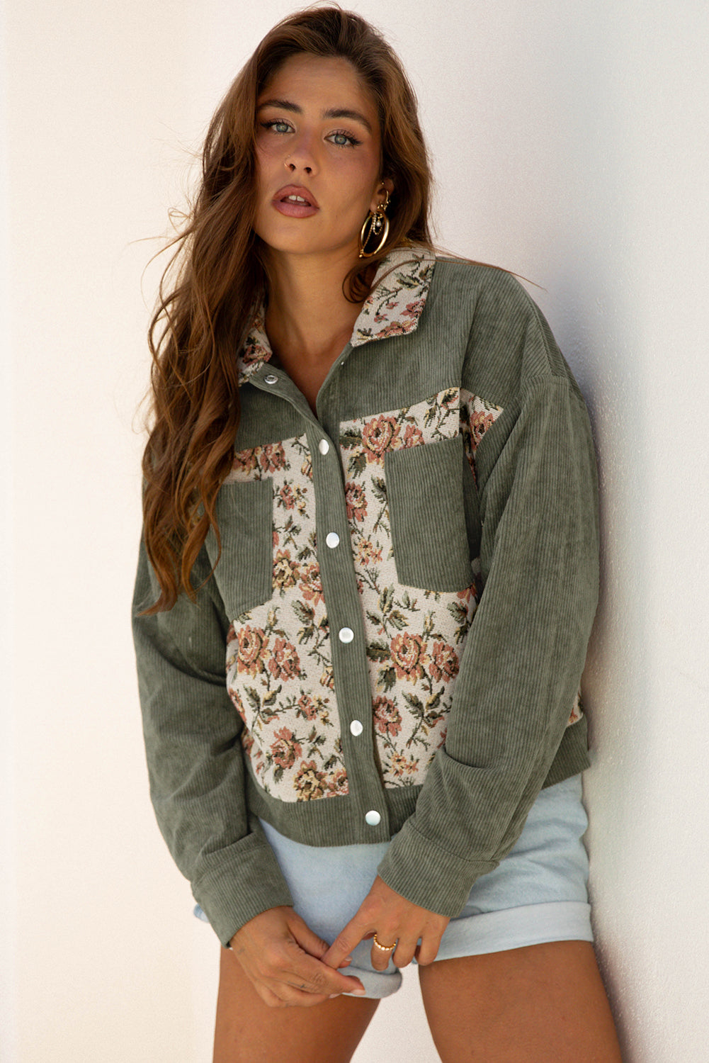 Green Ribbed Retro Floral Patchwork Shirt Style Jacket