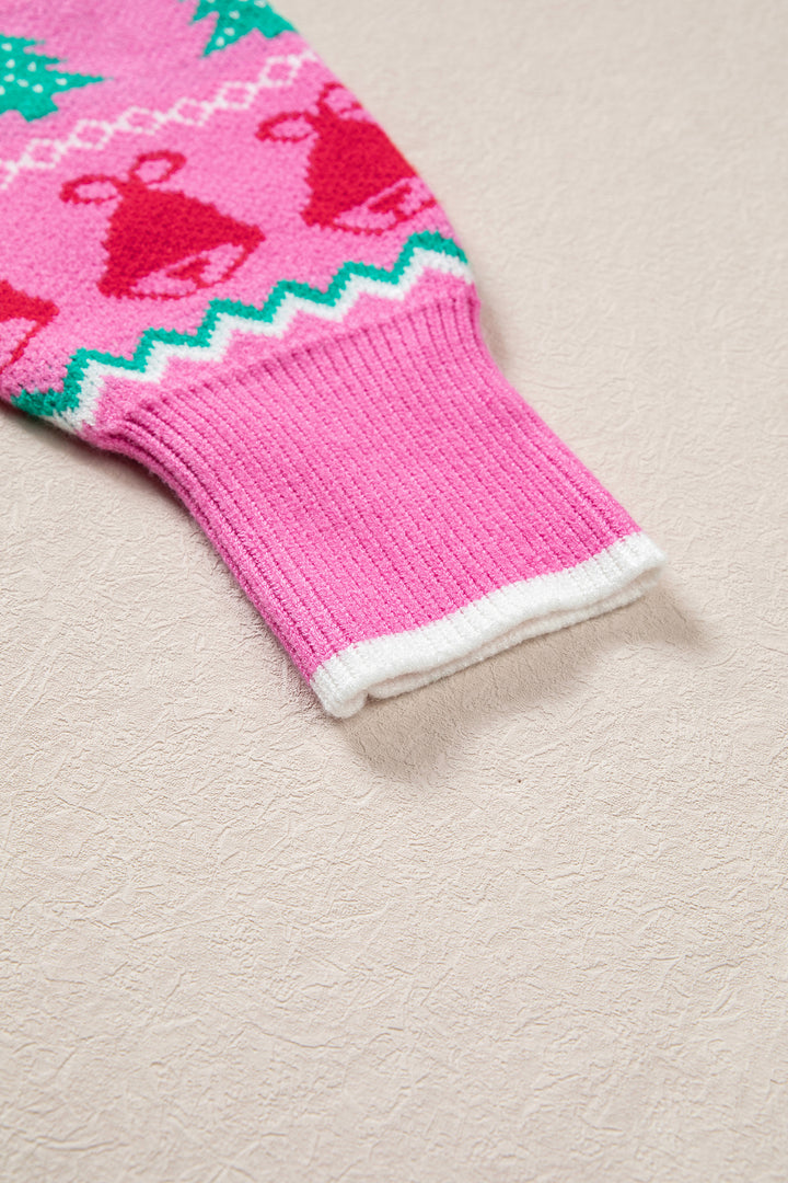 Pink Christmas Holiday Graphic Round Neck Knit Sweater