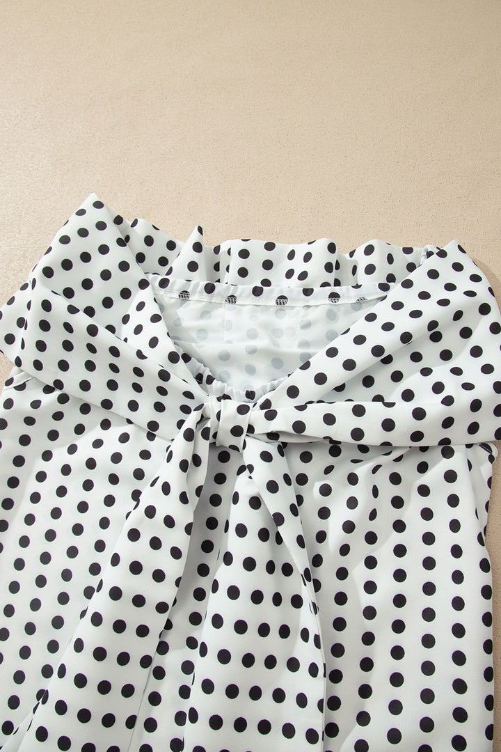 White Polka Dot Off Shoulder Bow Knot Short Sleeve Blouse