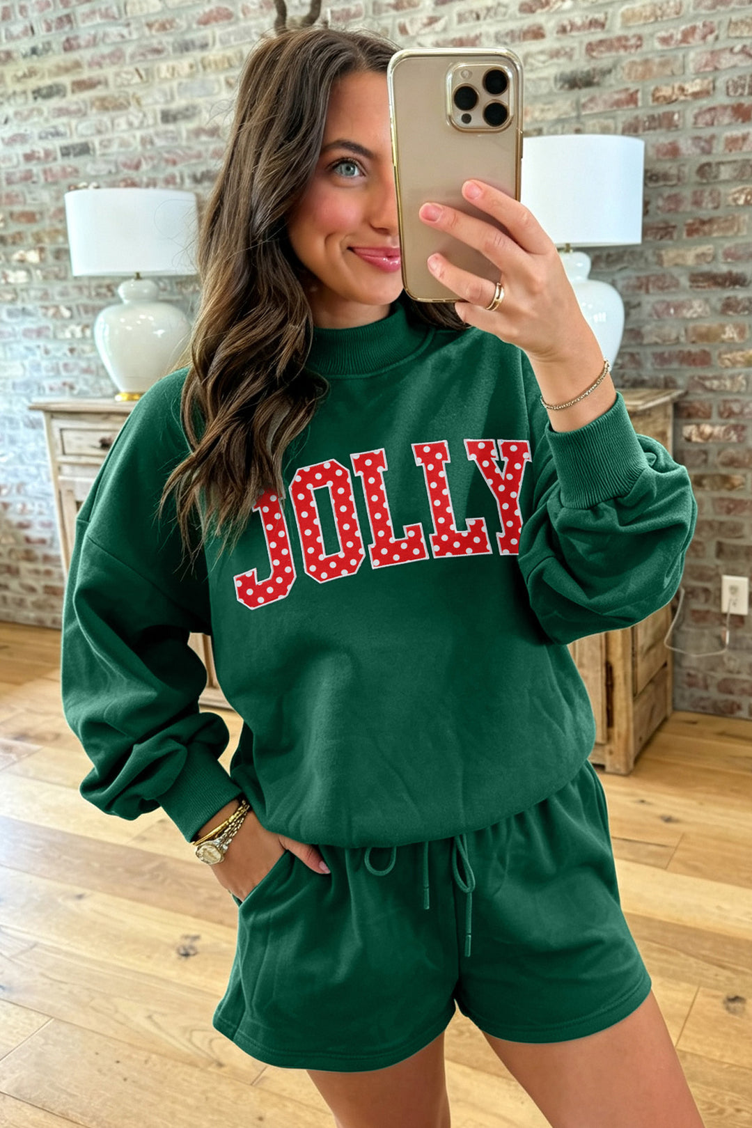 Dark Green Christian Slogan Print Mock Neck Pullover and Shorts Set