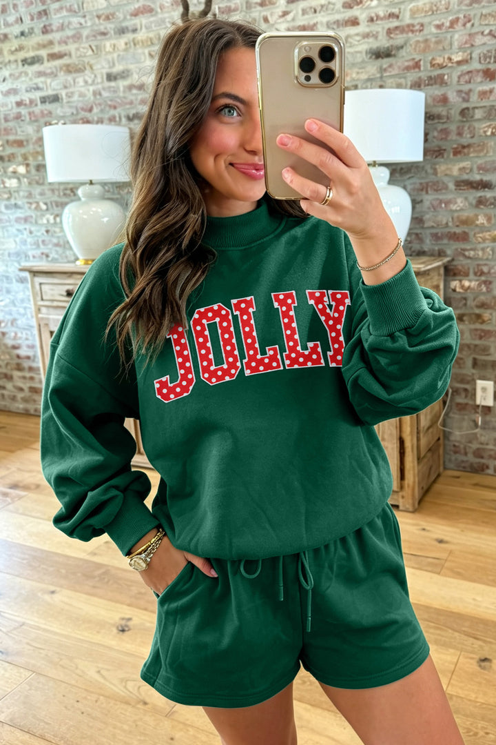 Dark Green Christian Slogan Print Mock Neck Pullover and Shorts Set