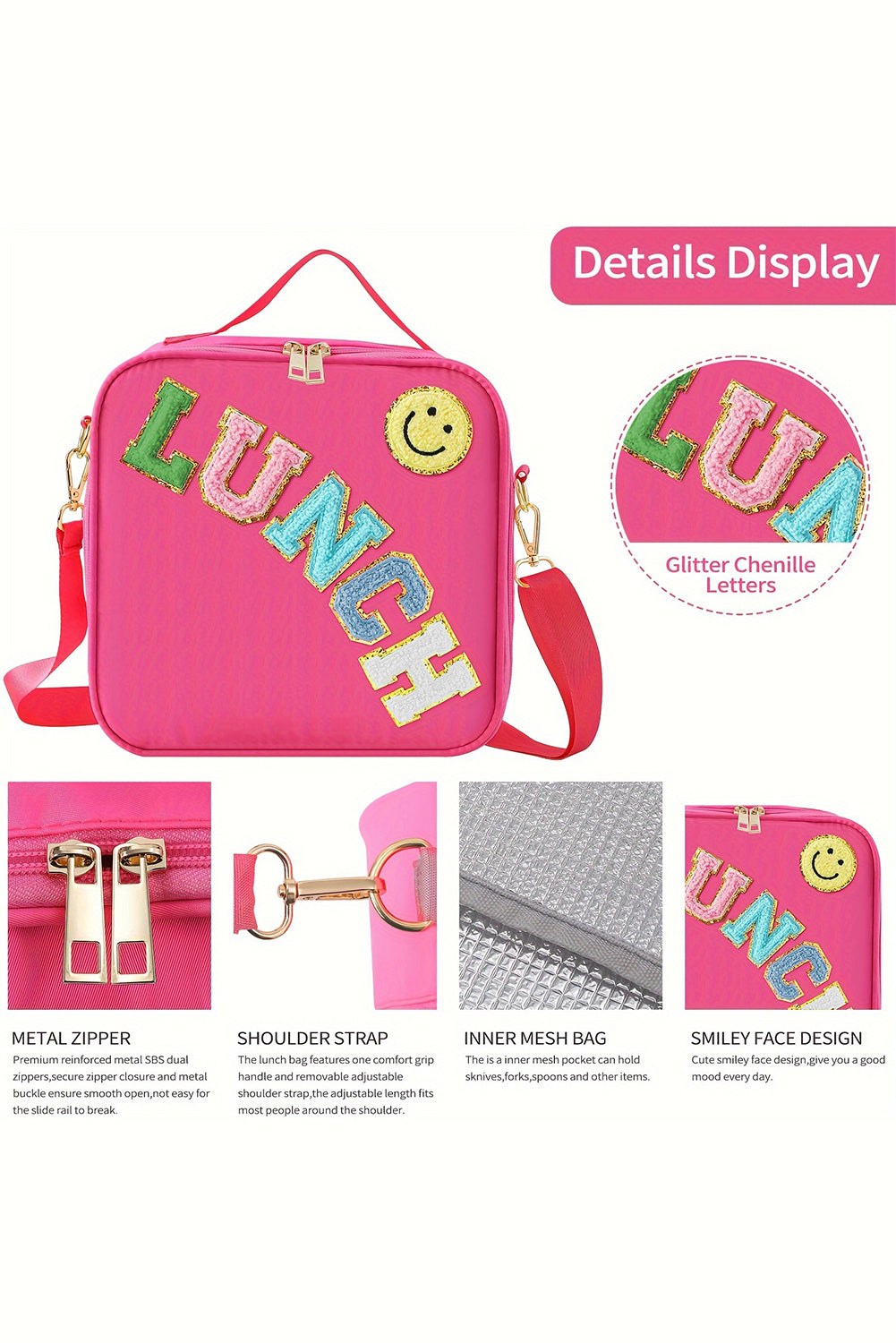 Glitter Chenille Zipper Detachable Strap Insulated Bag