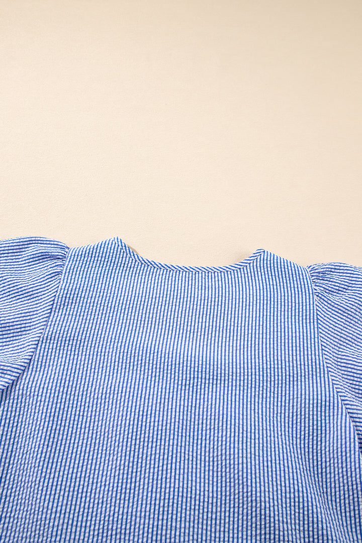 Sky Blue Stripe Textured Ruffle Short Sleeve Boho Detail Square Neck Blouse