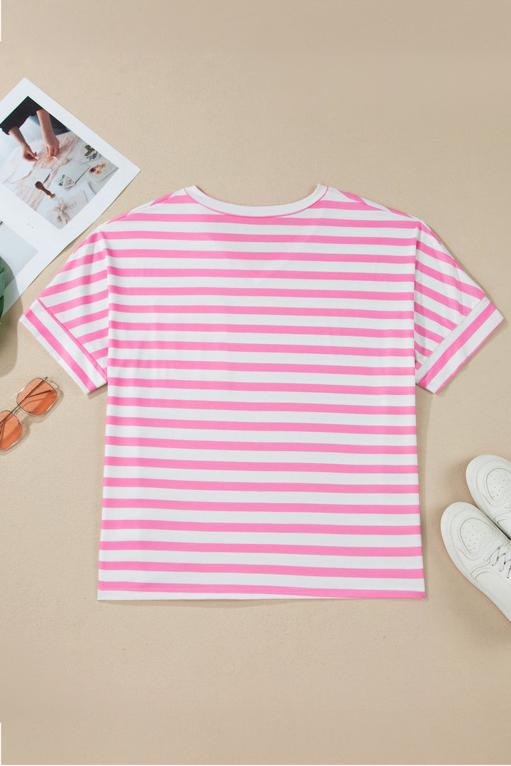 Pink Stripe Patched Pocket V Neck Plus Size Tee
