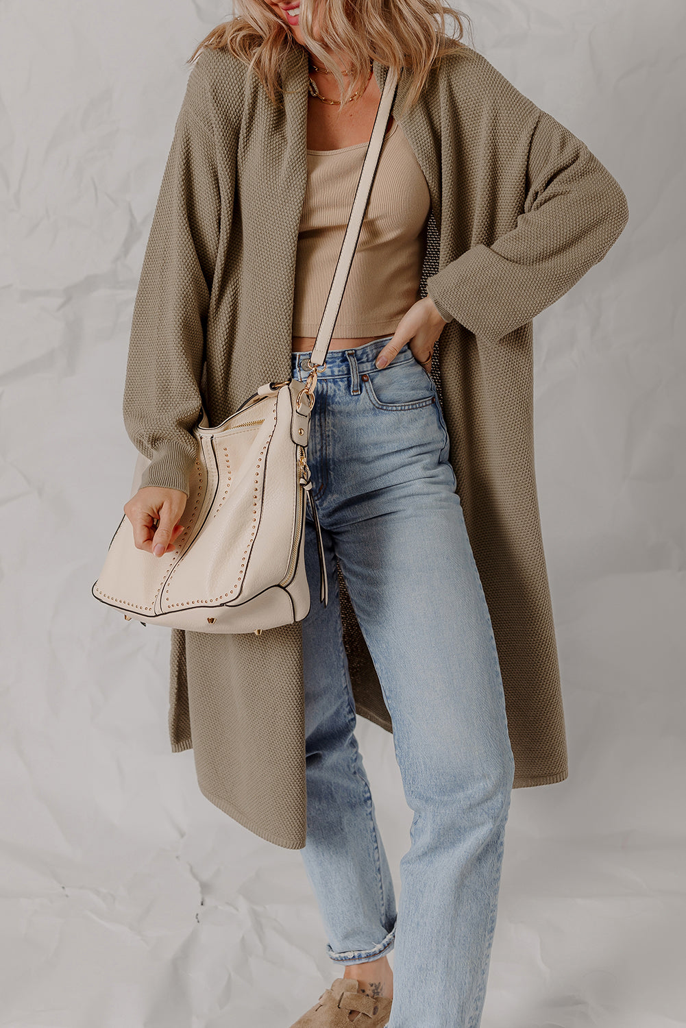 Solid Color Textured Knit Open Front Oversize Midi Sweater Cardigan