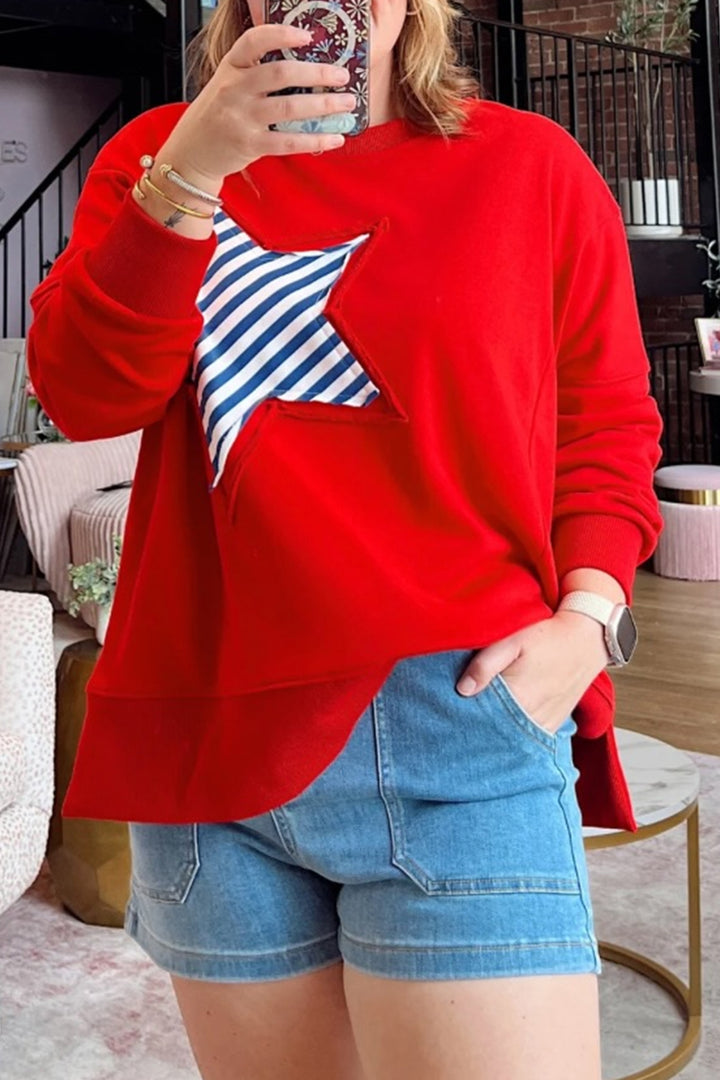 Fiery Red Patch Embroidery Star Plus Size Sweatshirt