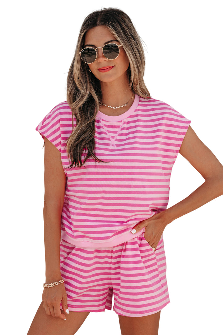 Pink Stripe Cap Sleeve Tee Elastic Waist Shorts 2pcs Outfit
