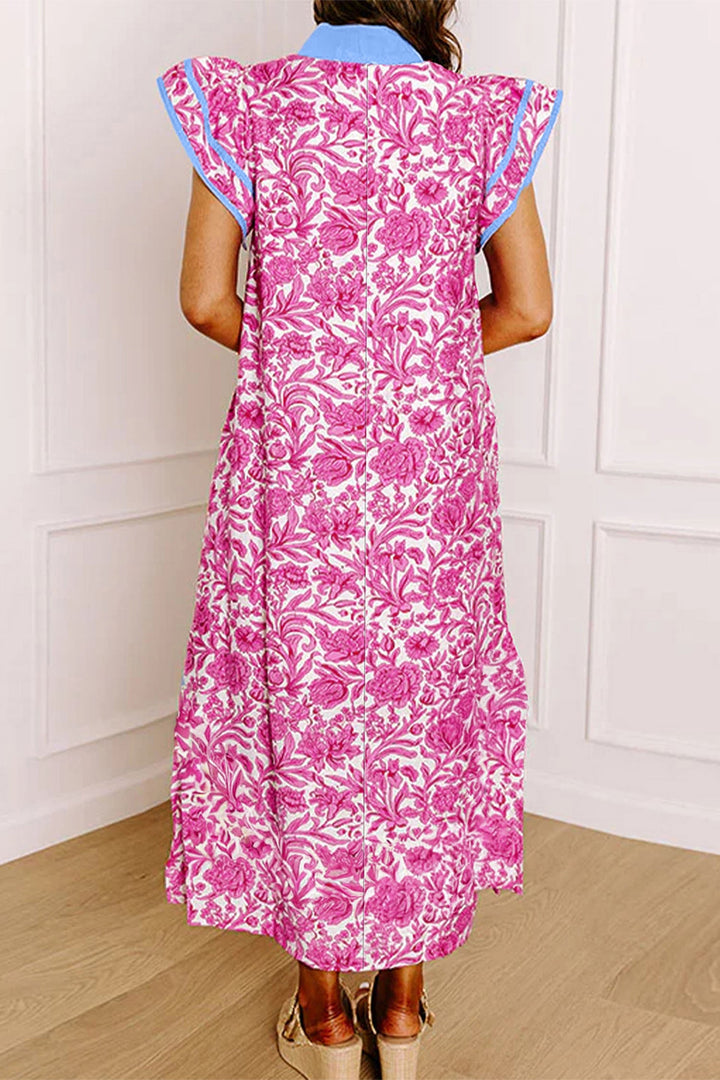 Pink Floral Print Color Block Patchwork V Neck Short Sleeve Midi Dress