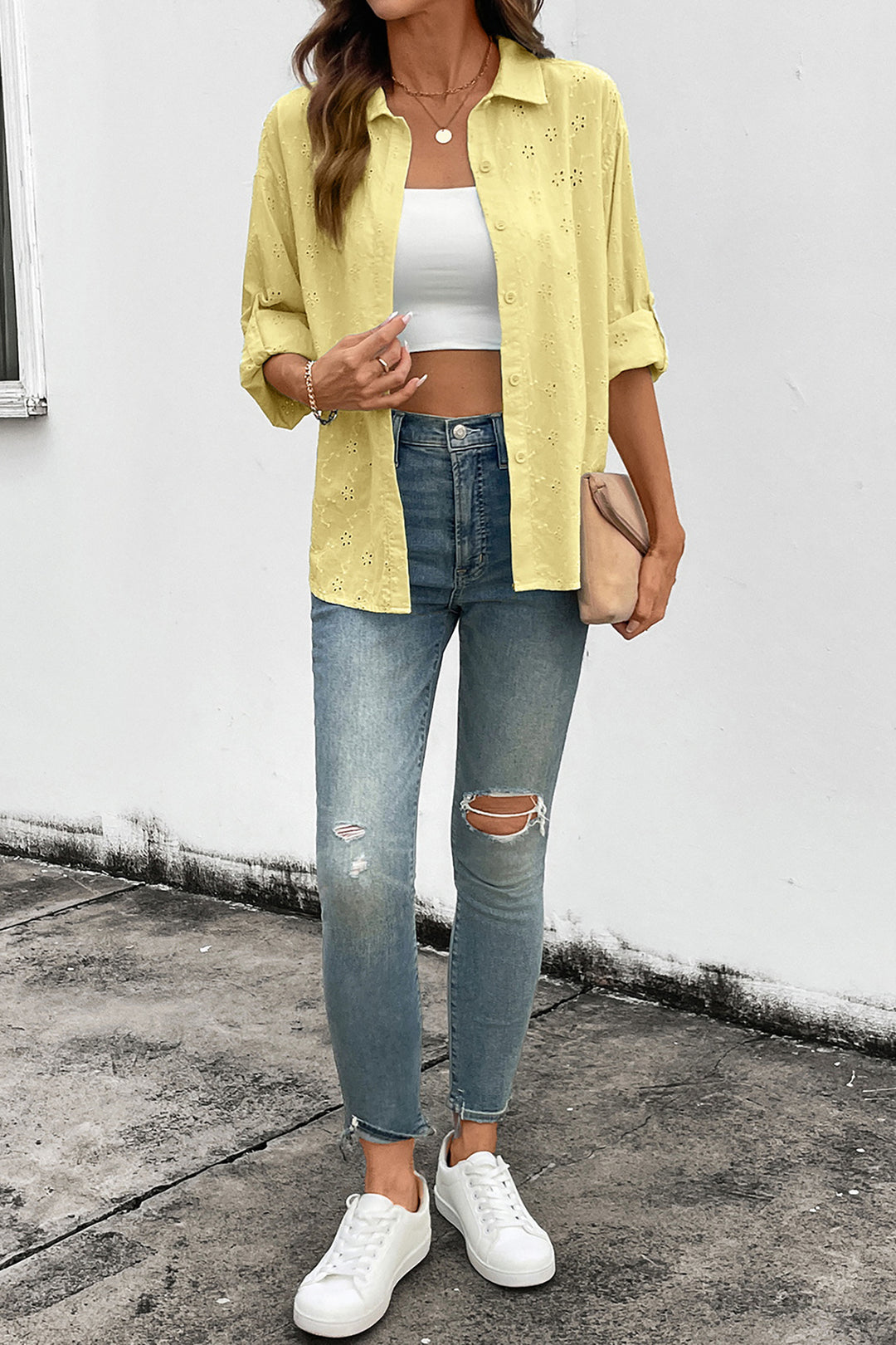 Yellow Cream Solid Eyelet Flower Pattern Button Down Loose Shirt