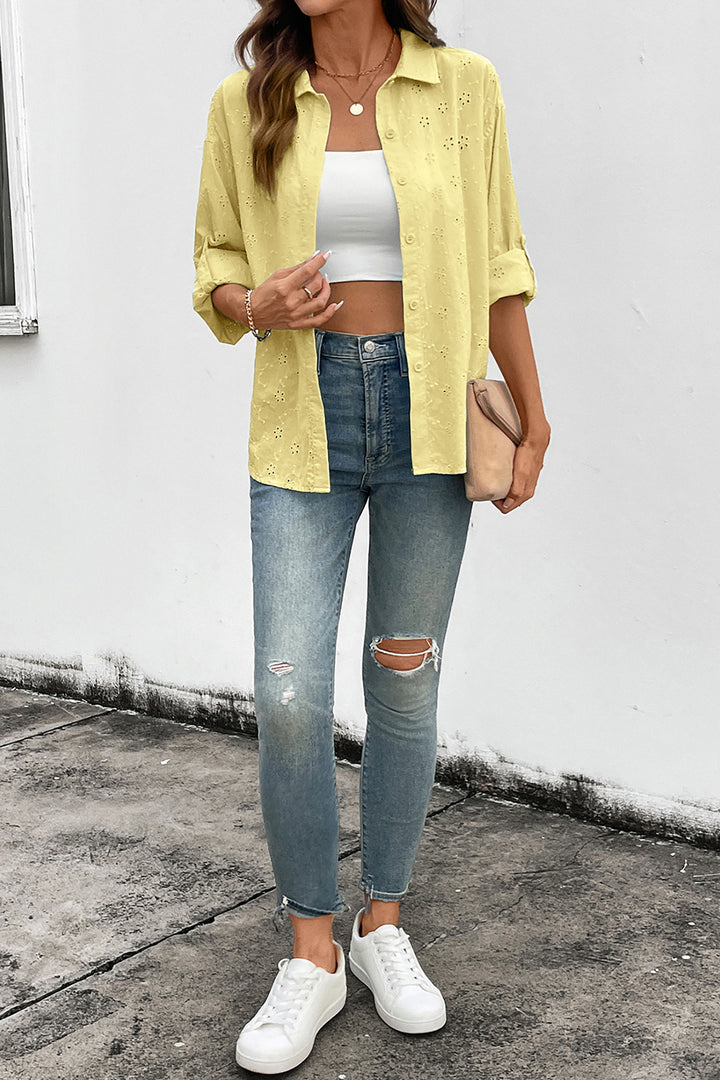 Yellow Cream Solid Eyelet Flower Pattern Button Down Loose Shirt