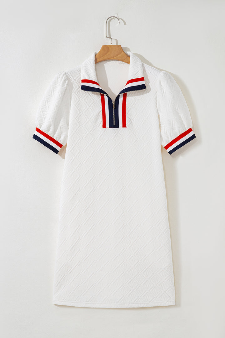 White Textured Jacquard Colorblock Edge Puff Sleeve Quarter Zip Mini Dress