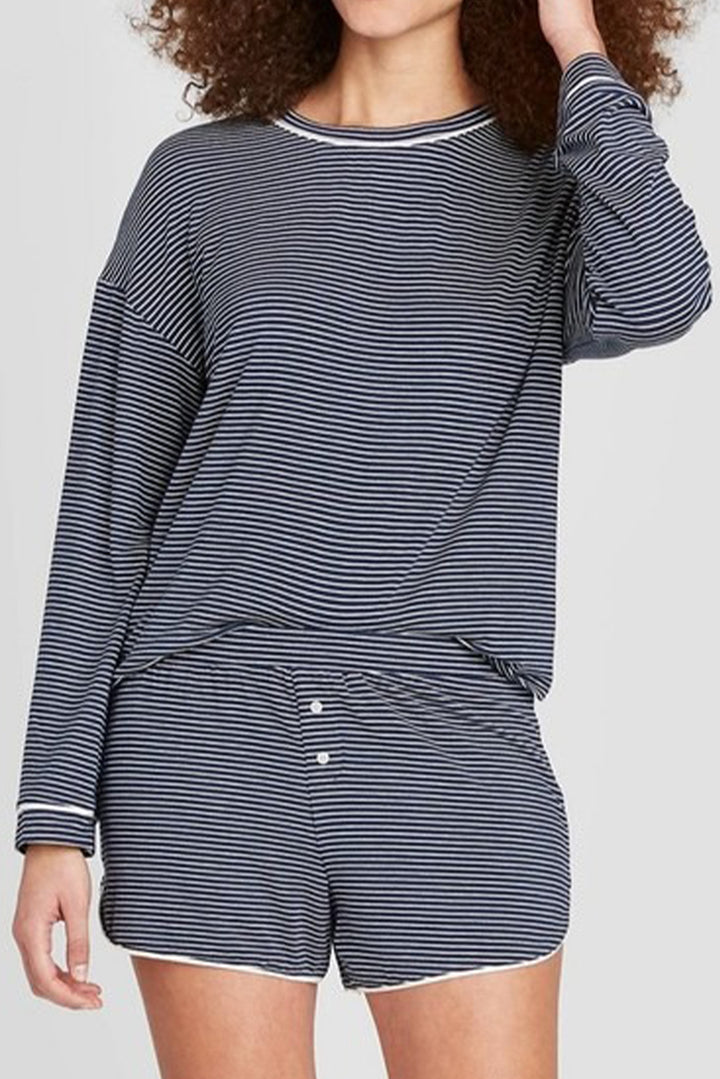 Blue Stripe Drop Shoulder Round Neck Long Sleeve Tee and Buttoned Shorts 2pcs Lounge Set
