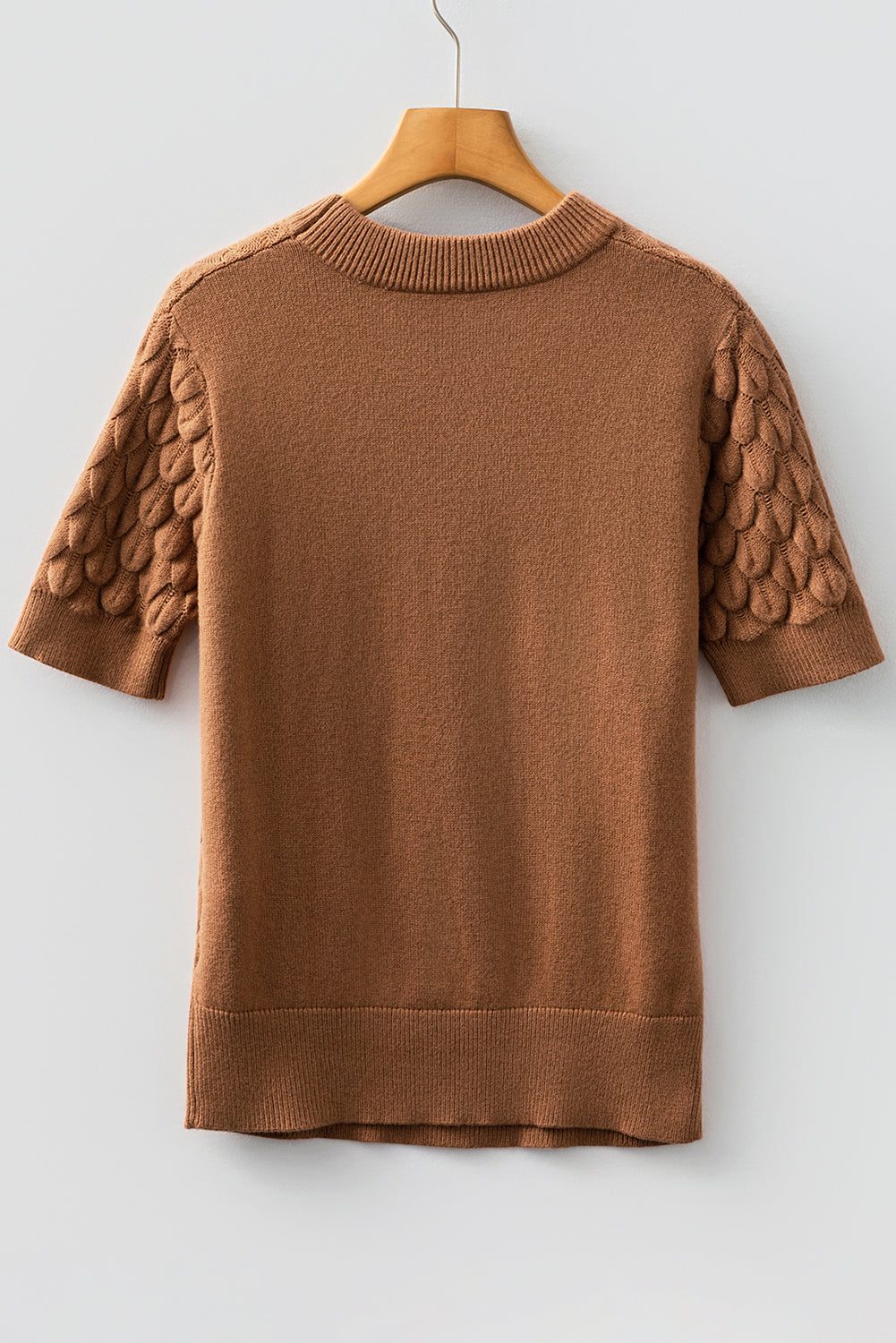 Fish Scale Textured Knit Ribbed Crew Neck Short Sleeve Sweater