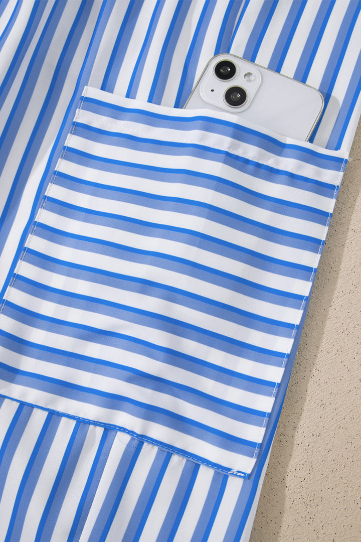 Sky Blue Stripe Drawstring Elastic Waist Patch Pocket Wide Leg Ankle-length Pants