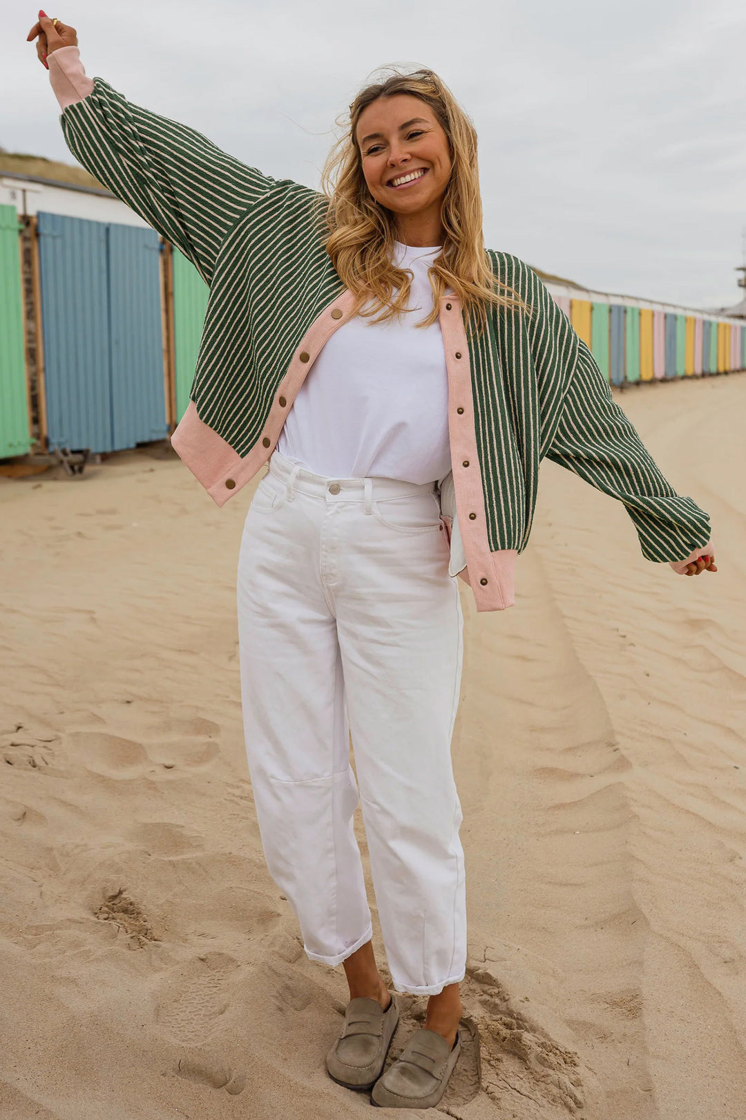 Green Stripe Patchwork Long Sleeve Regular Fit Cardigan