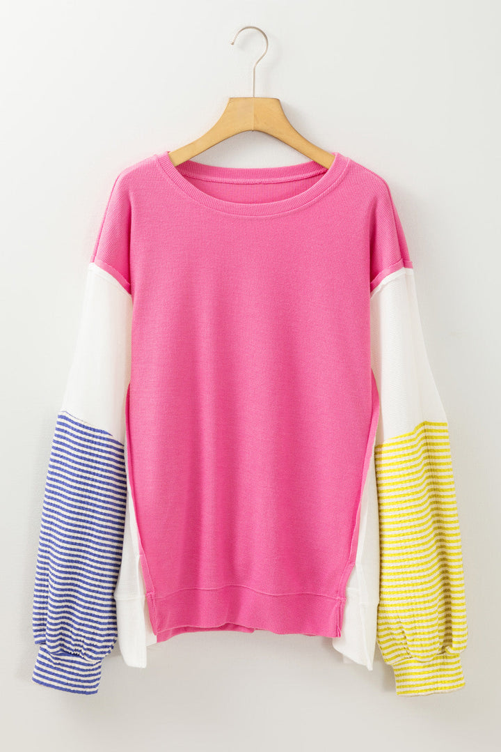 Colorblock Patchwork Striped Puff Sleeve Plus Size Top with Slits