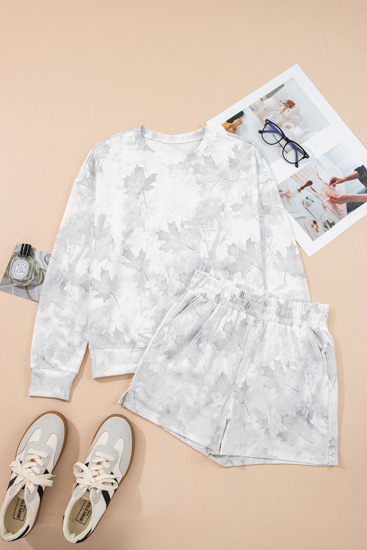 Beige Maple Camo Print Pullover Top and Elastic Waist Casual Short Set