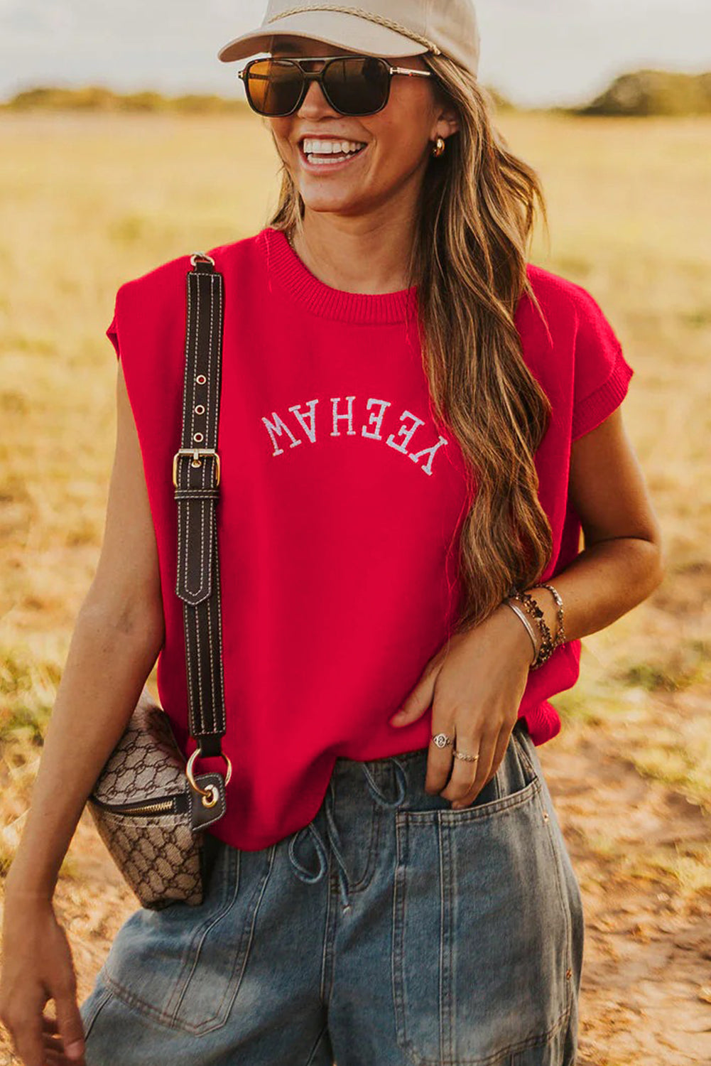 YEEHAW Embroidered Letter Loose Short Sleeve Sweater