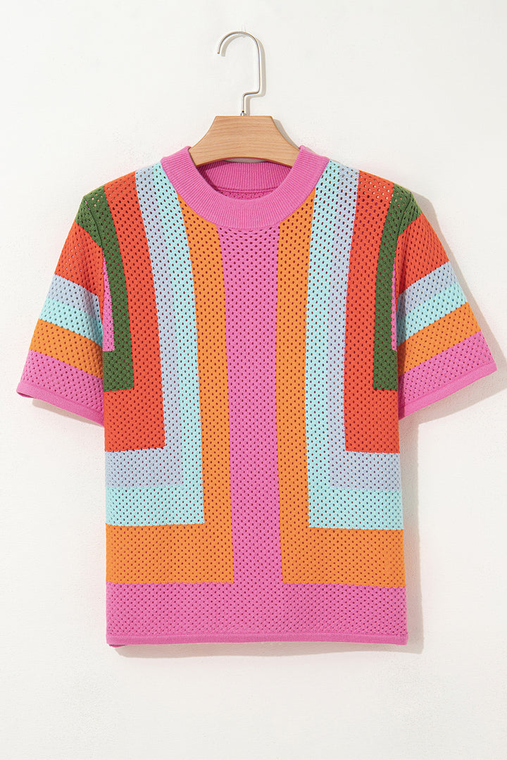 Color Block Eyelet Casual Sweater T Shirt