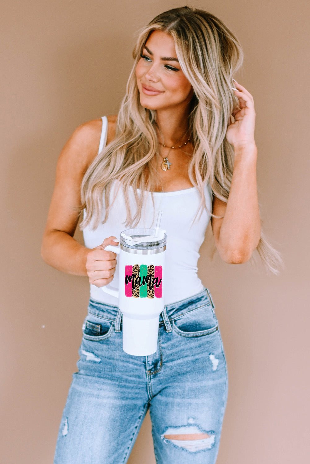 Tasse portable à anse colorée Mama Leopard 40 oz