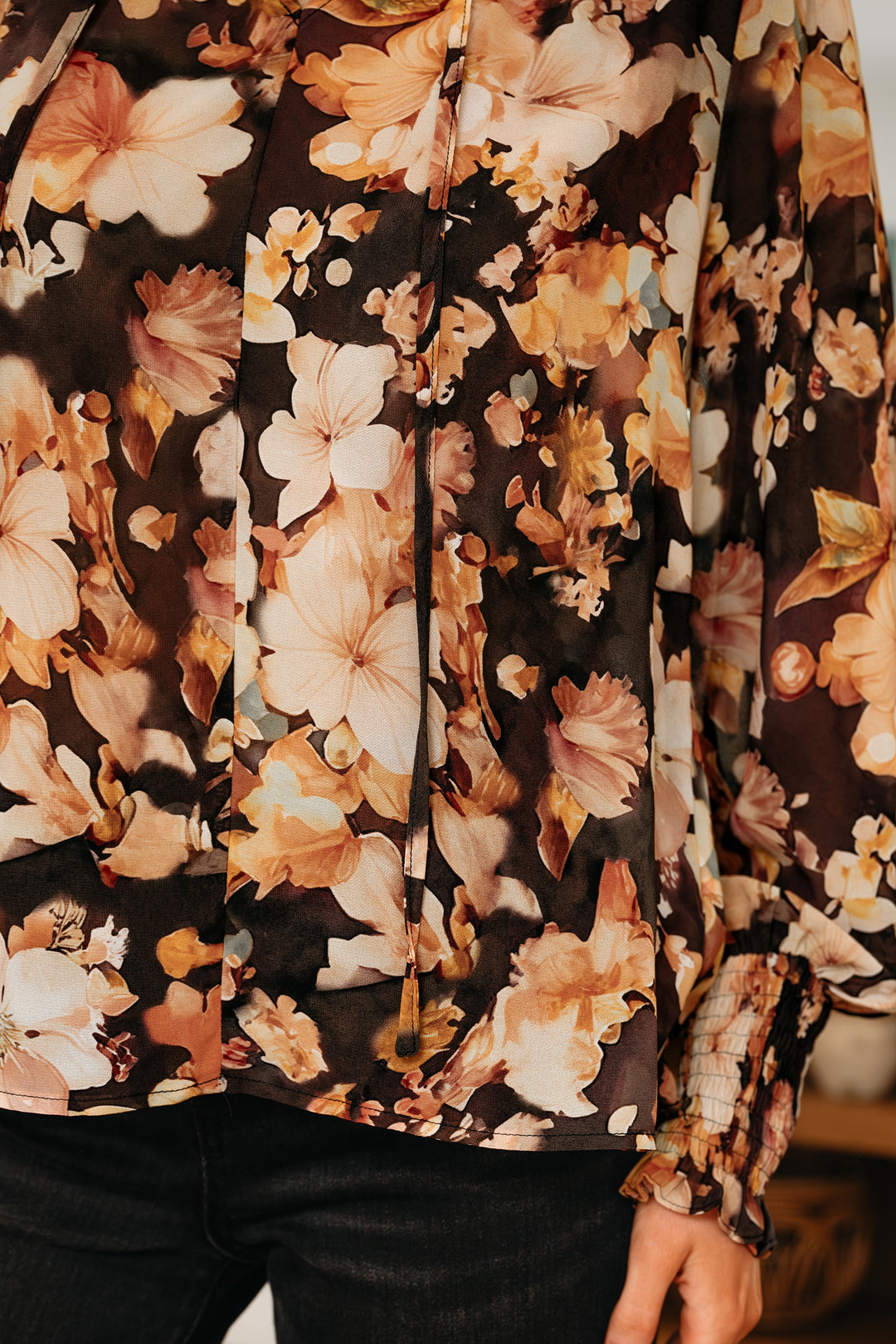 Floral V Neck Long Puff Sleeve Breezy Blouse