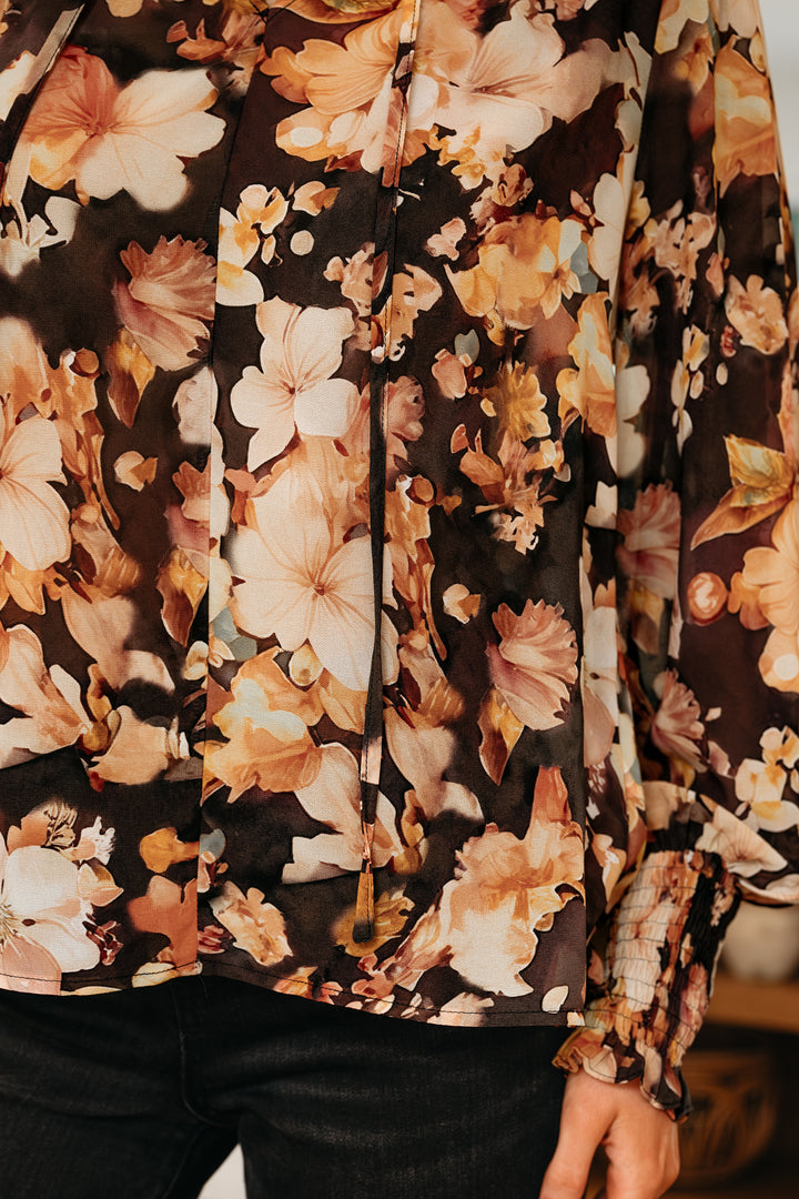 Floral V Neck Long Puff Sleeve Breezy Blouse