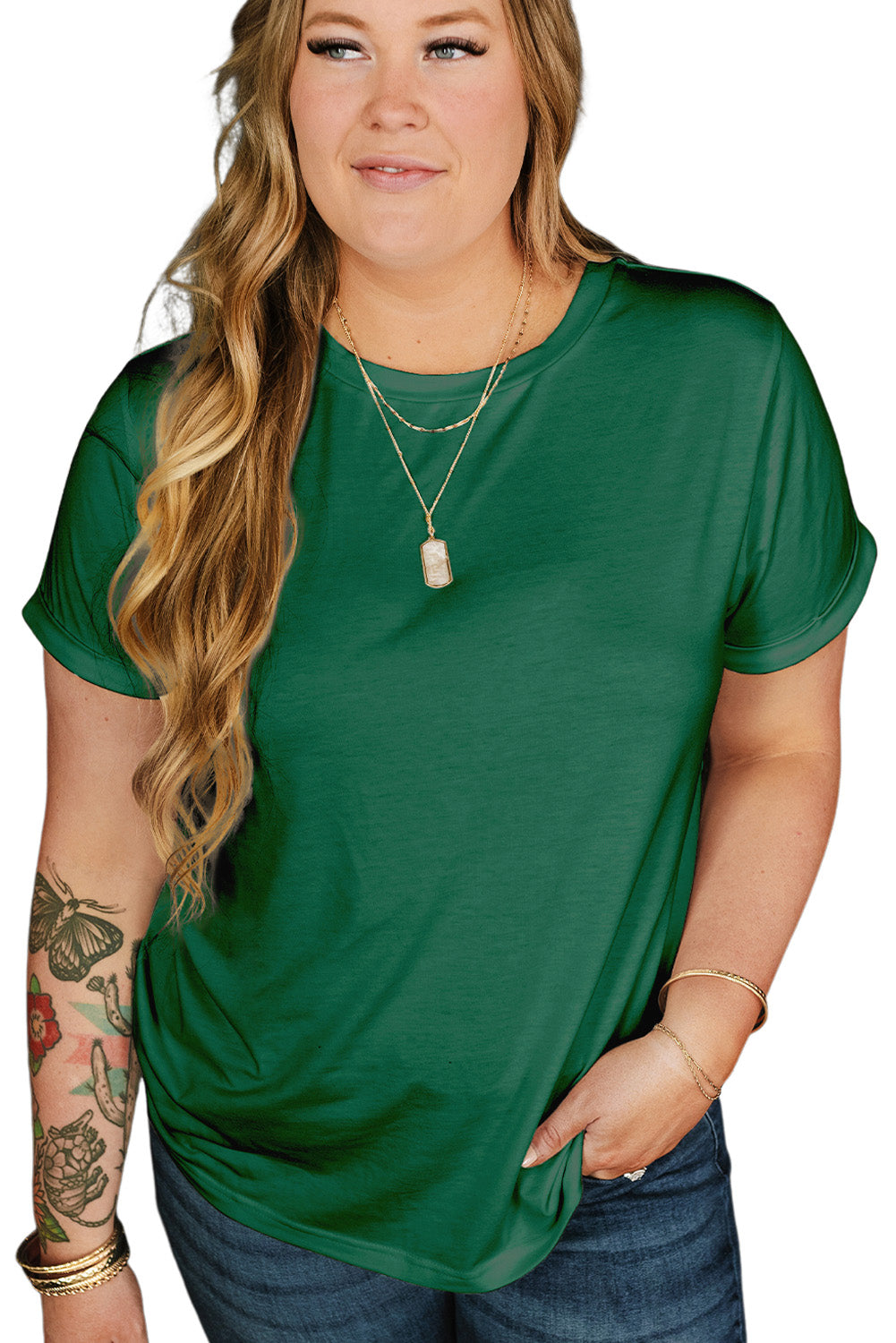 Dark Green Round Neck Rolled Sleeve Plus Size T-shirt