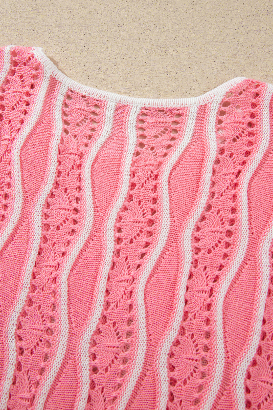 Pink Wavy Detail Hollow Out Knit Long Sleeve Cotton Pullover Sweater