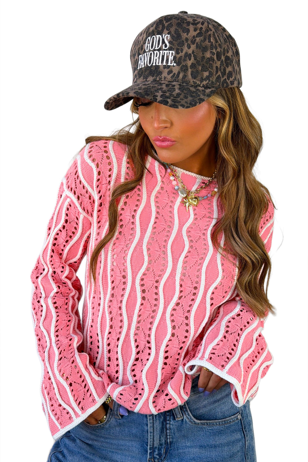 Pink Wavy Detail Hollow Out Knit Long Sleeve Cotton Pullover Sweater