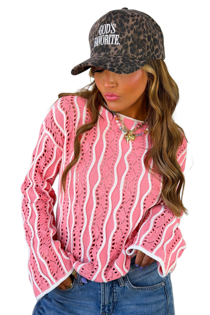 Pink Wavy Detail Hollow Out Knit Long Sleeve Cotton Pullover Sweater