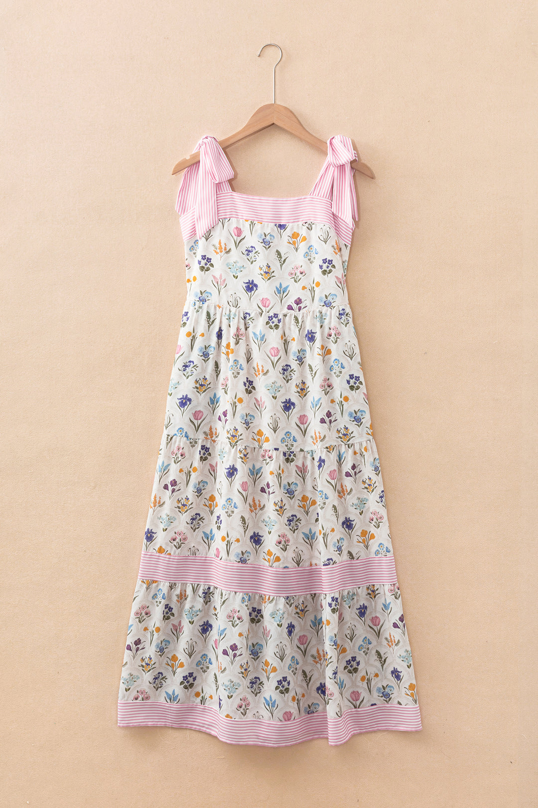 Chic Multicolour Floral Print Striped Detail Knot Straps Maxi Dress