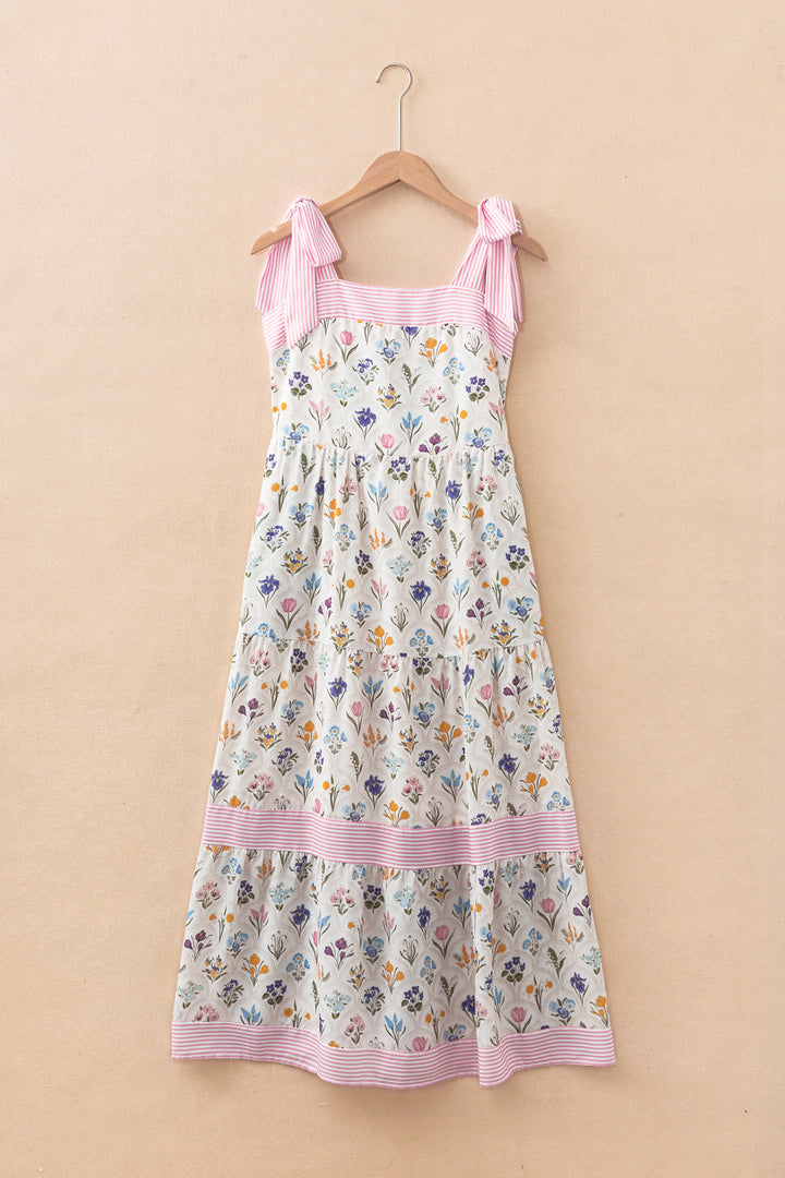 Chic Multicolour Floral Print Striped Detail Knot Straps Maxi Dress