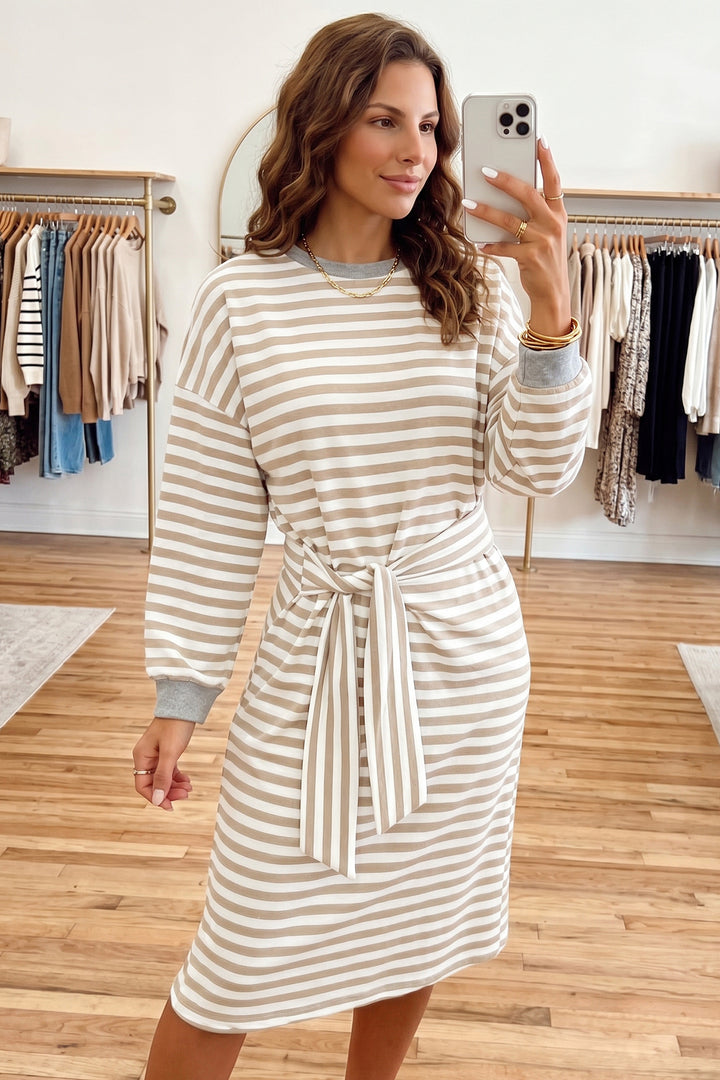 Khaki Stripe Striped Cuffs Round Neck Long Sleeve Shift Dress