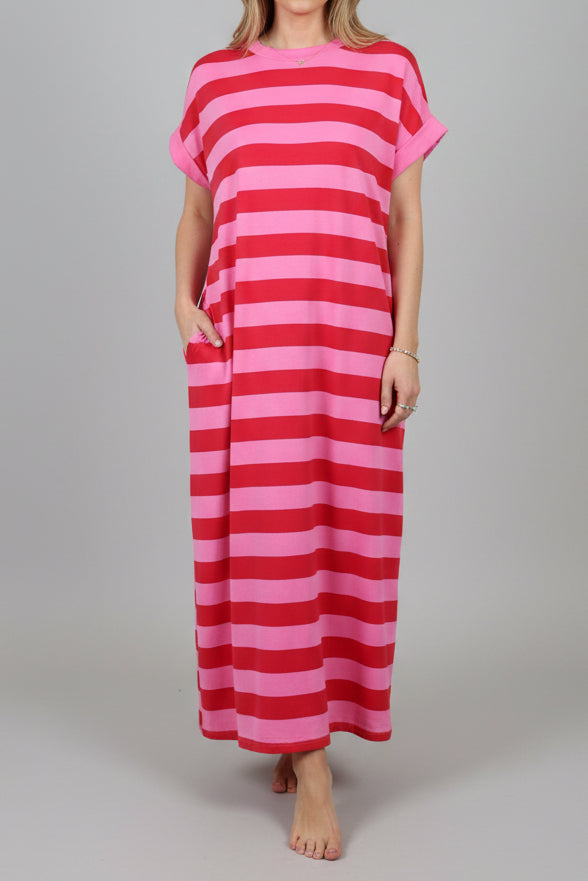 Rose Stripe Cuffed Short Sleeve Casual T Shirt Long Dress