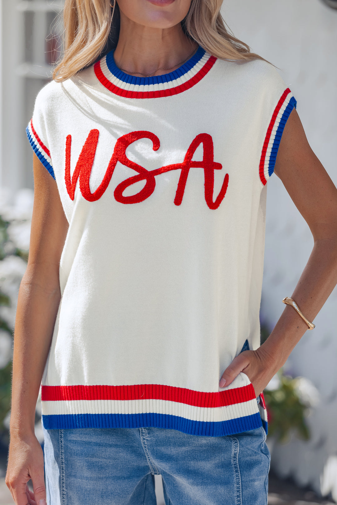 White USA Contrast Striped Trim Round Neck Short Sleeve Sweater