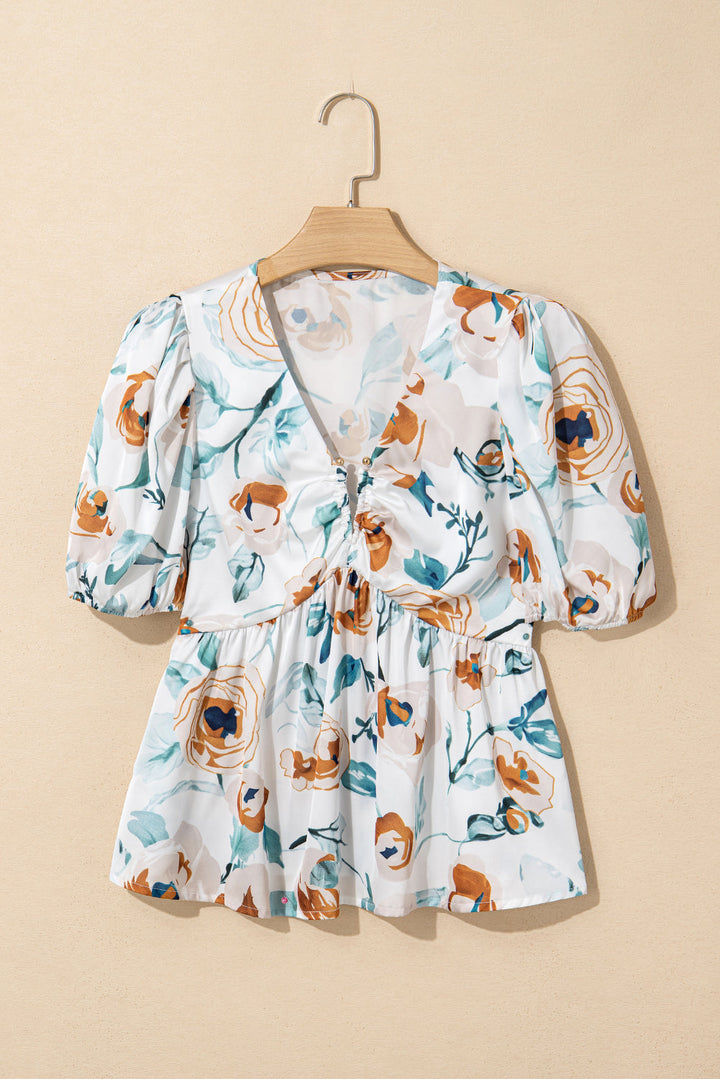 floral print puff sleeve v neck babydoll blouse