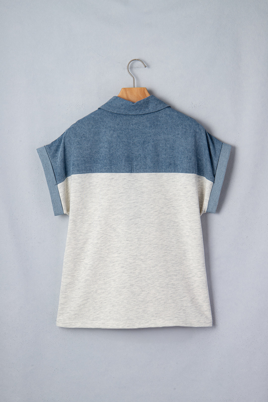 Color Block Denim Patchwork Button Polo Collar Short Sleeve Top