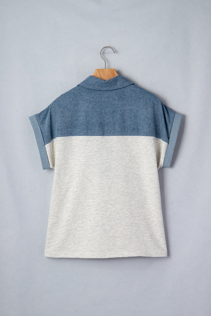 Color Block Denim Patchwork Button Polo Collar Short Sleeve Top