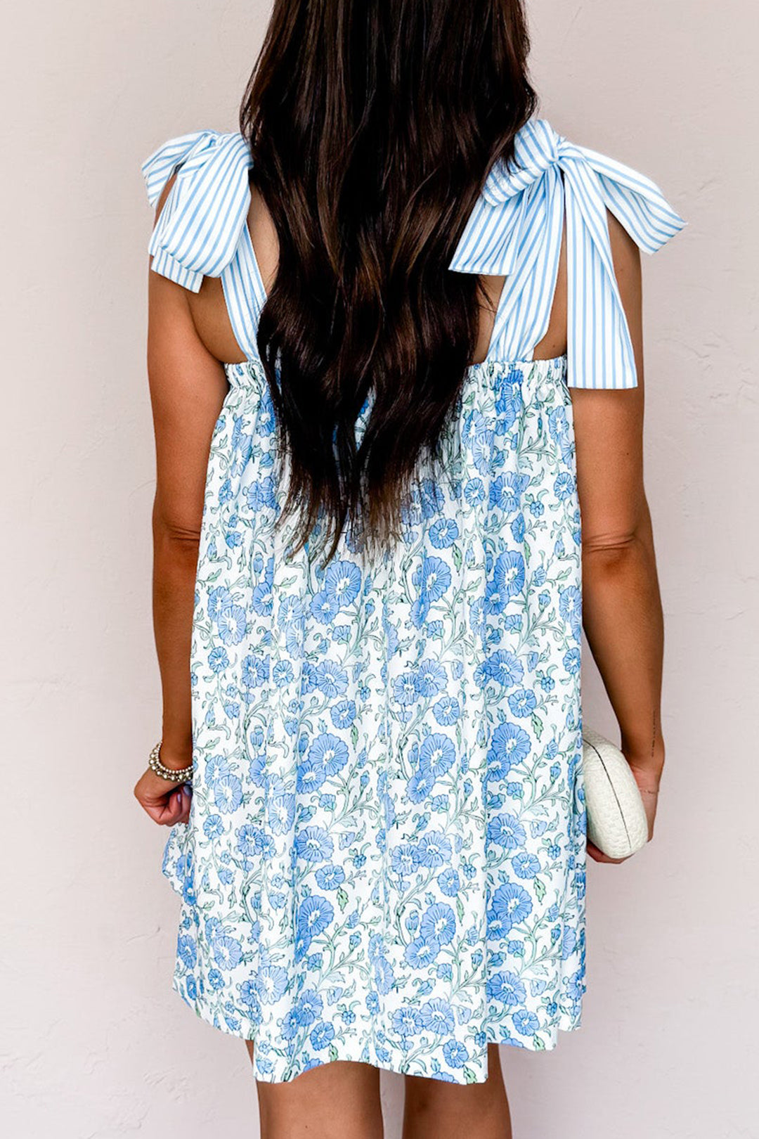 Sky Blue Floral Print Striped Bow Knot Straps Mini Dress