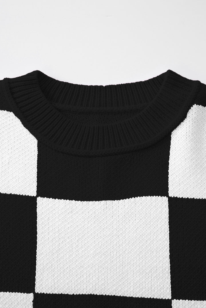 Black Checkered Bishop Sleeve Sweater