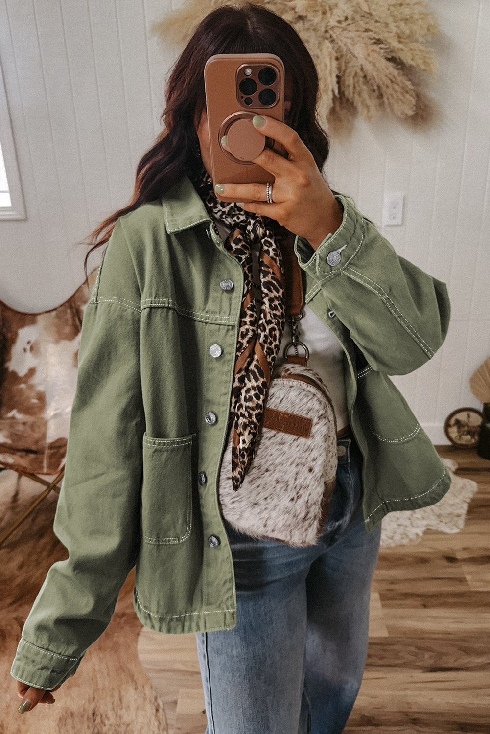 Patched Pocket Collared Button Front Boyfriend Denim Jacket