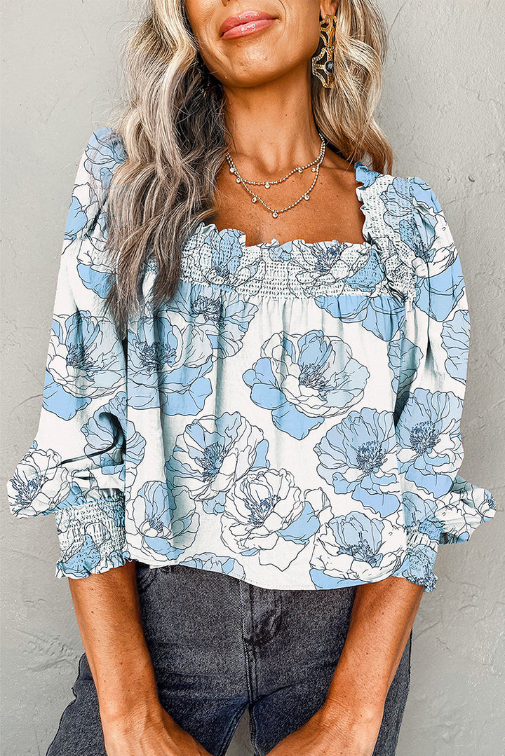 Floral Print Frilly Smocked Square Neck Long Sleeve Blouse