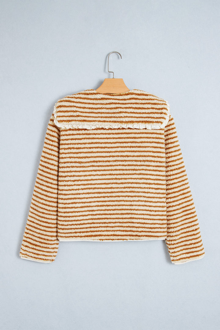 Brown Stripe Striped Fleece Button Front Long Sleeve Regular Fit Jacket