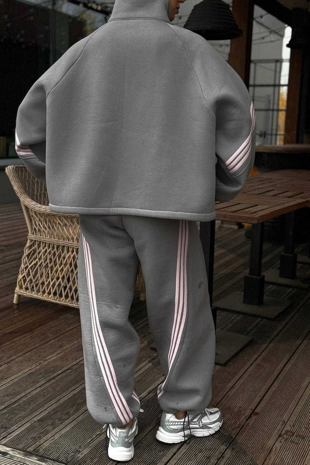 Medium Grey Striped Detail Zip High Neck Jacket Sporty Pants Sets