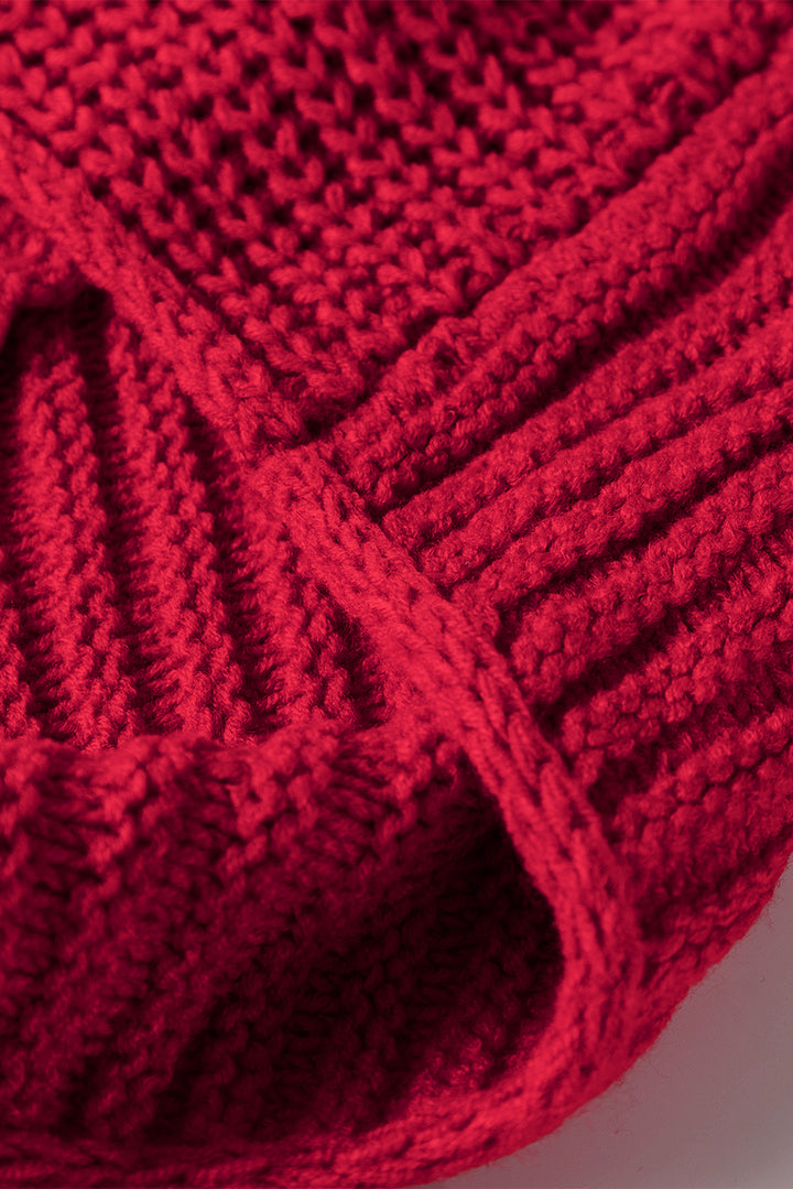 Color Contrast Trim Textured Knit Drawstring Hooded Sweater