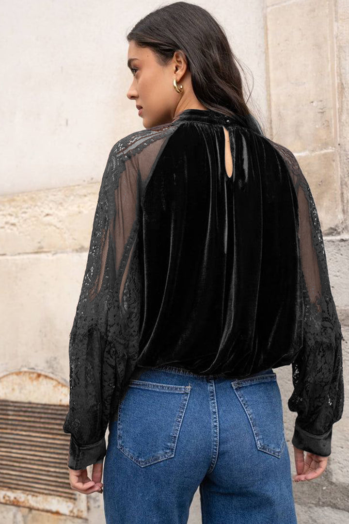 Black Sheer Lace Long Sleeve Patchwork Stand Neck Velvet Blouse