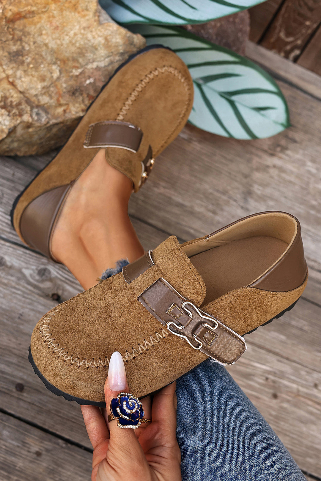 Faux Suede PU Leather Patchwork Retro Buckle Slip On Shoes