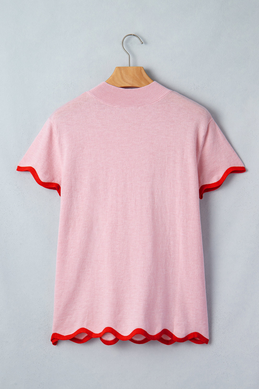 Pink Stand Neck Contrast Wavy Trim Short Sleeve Sweater