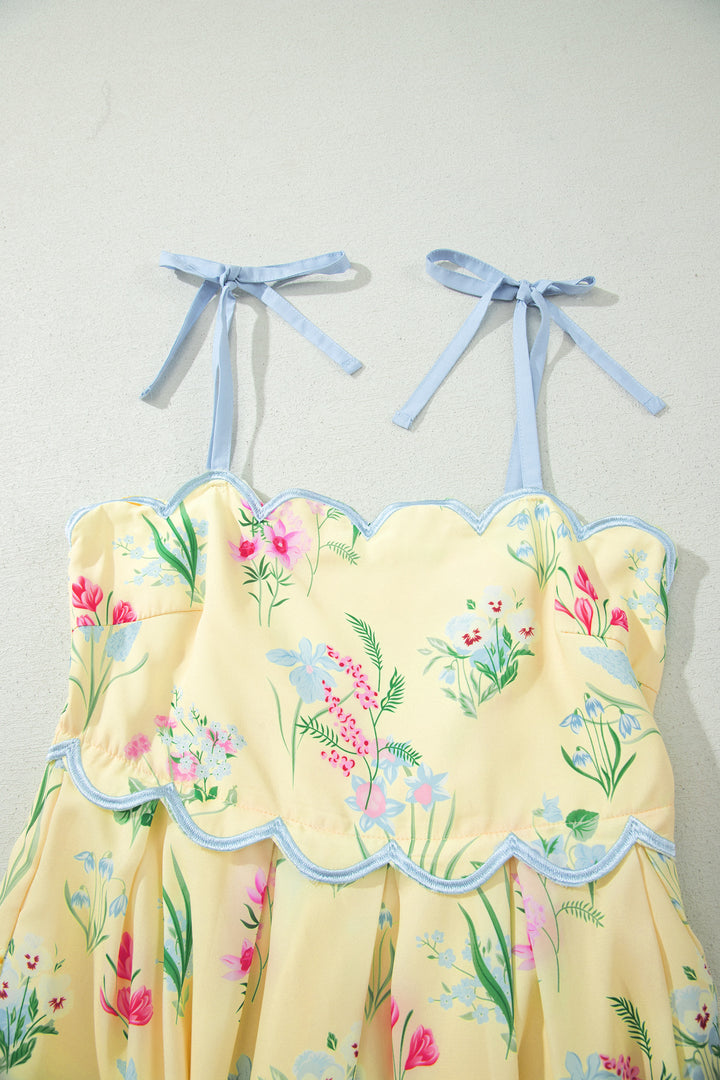 Chic Yellow Floral Print Contrast Trim Self-tie Straps High Waist Midi Dress