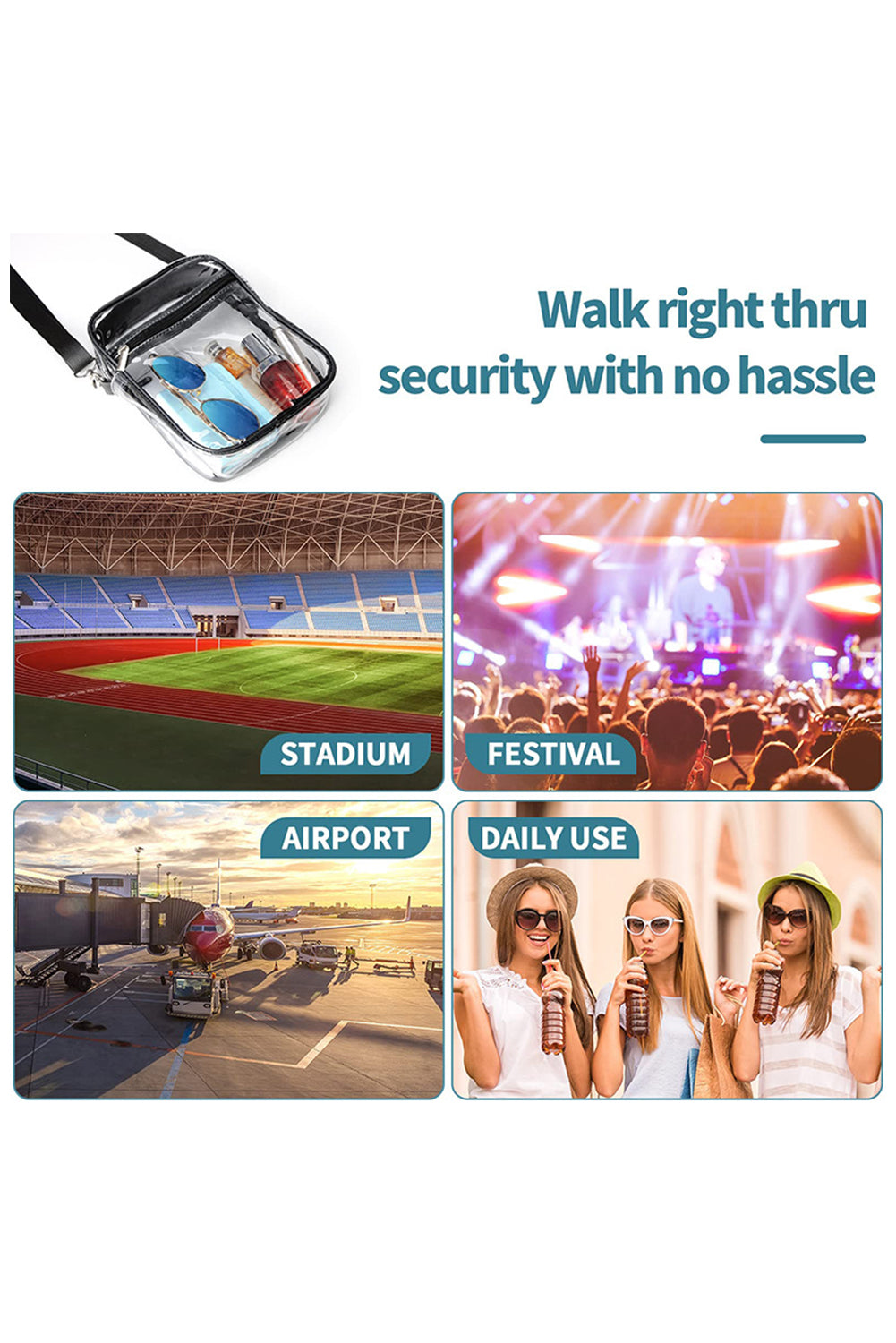 Sac bandoulière transparent en PVC avec fermeture éclair